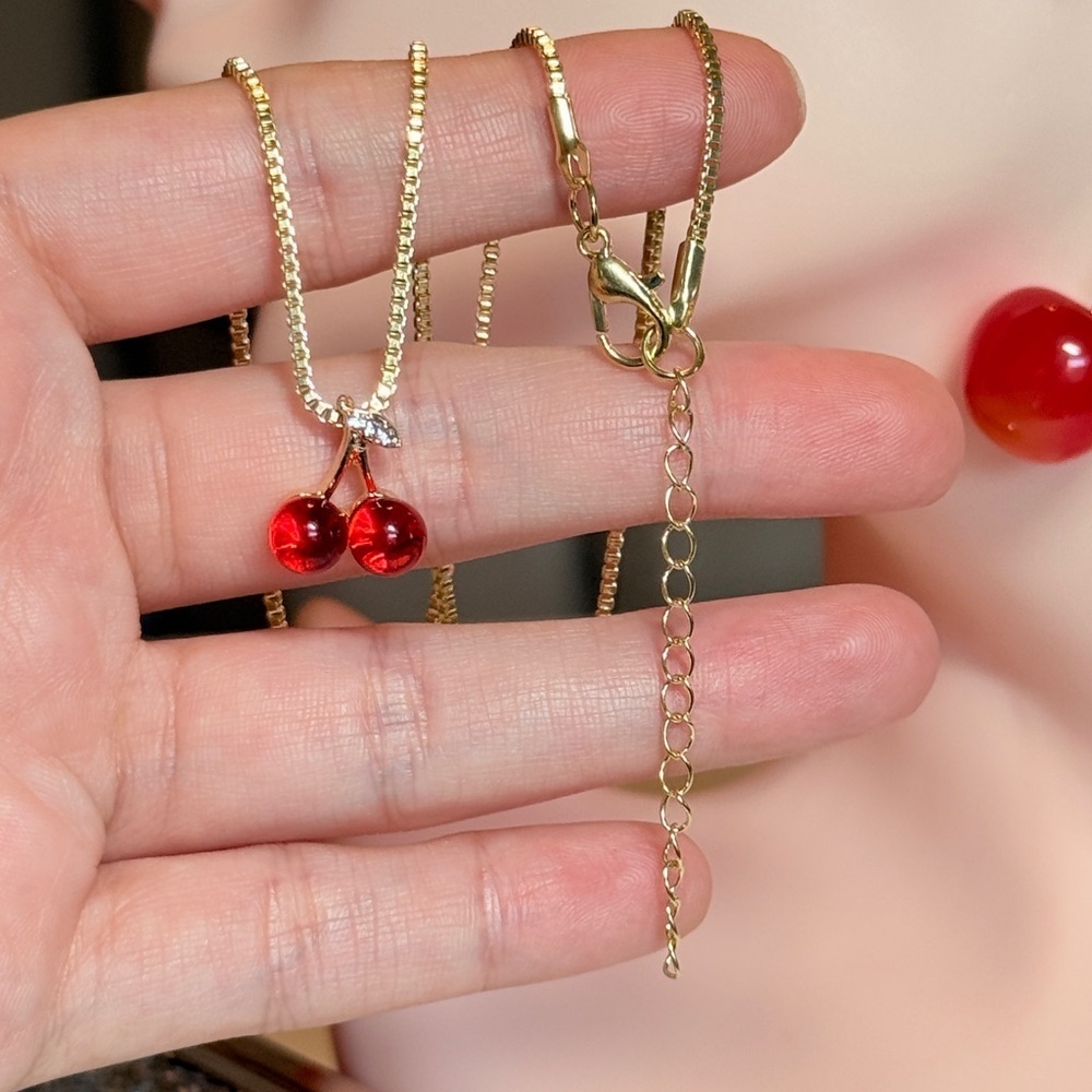 Elegant Gold Cherry Pendant Necklace - Picture 8 of 10